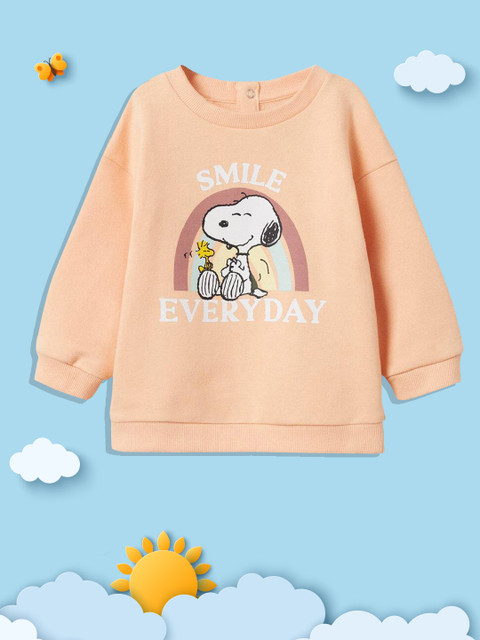 

Mango Kids Girls Peach-Coloured & White Printed Pure Cotton Jumper Dress