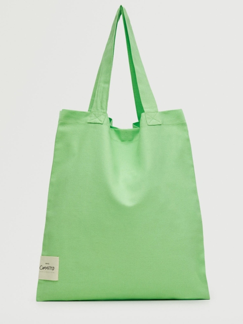 

MANGO Green Solid Organic Cotton Structured Shoulder Bag