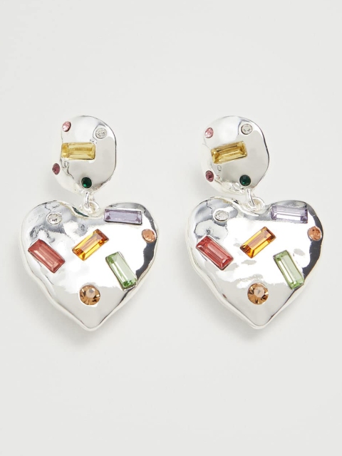

MANGO Silver-Toned & Yellow Beaded Heart Shaped Drop Earrings
