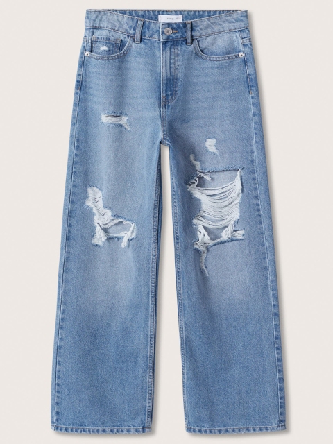 

Mango Kids Girls Blue Wide Leg Highly Distressed Light Fade Jeans