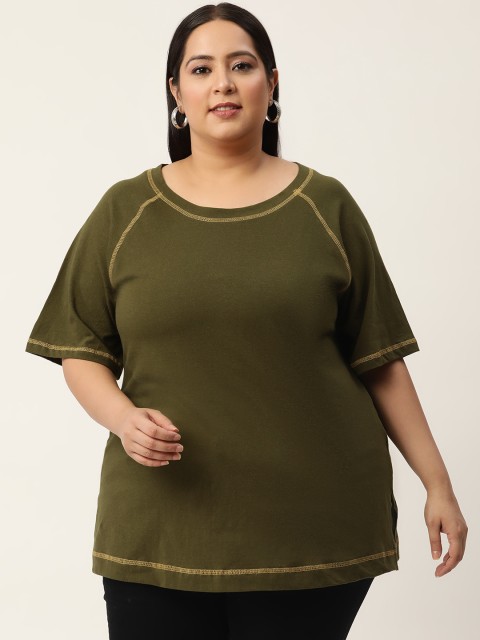 

Revolution Plus Size Women Olive Green Raglan Sleeves Pure Cotton T-shirt