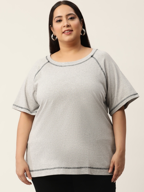 

Revolution Plus Size Women Grey Melange Raglan Sleeves Pure Cotton T-shirt