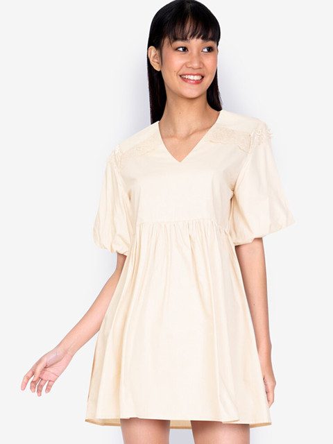 

ZALORA BASICS Beige Solid Cotton A-Line Mini Dress