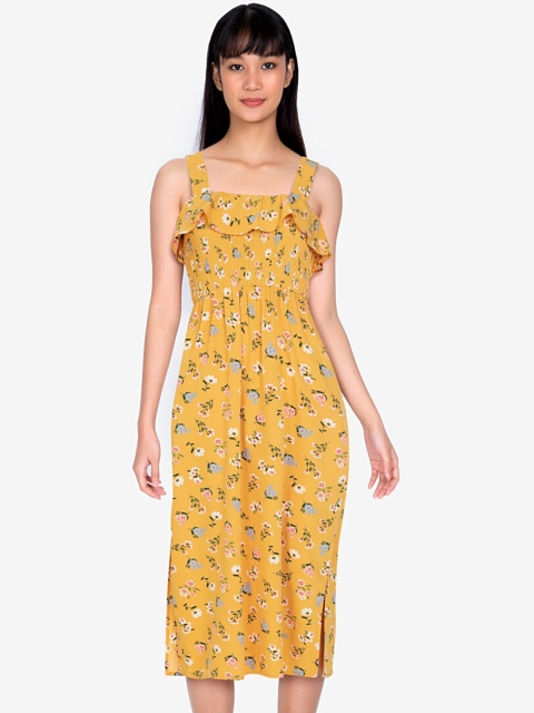 

ZALORA BASICS Women Mustard Yellow & Blue Floral Sheath Dress
