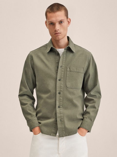 

MANGO MAN Olive Green Pure Cotton Solid Casual Shirt