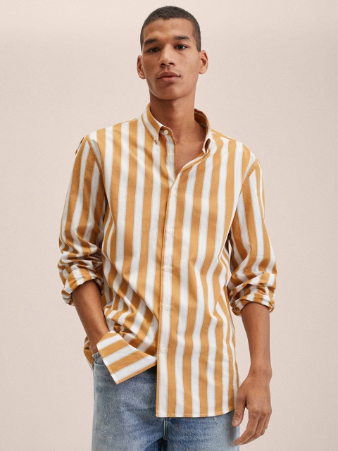 

MANGO MAN White & Mustard yellow Slim Fit Striped Casual Shirt
