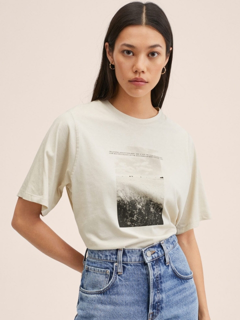 

MANGO Women Grey & Black Printed Cotton T-shirt