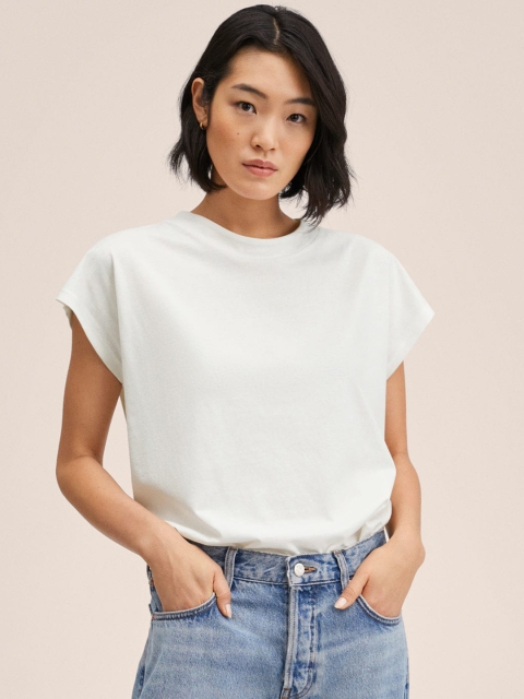 

MANGO Women White Solid Cotton Extended Sleeves T-shirt