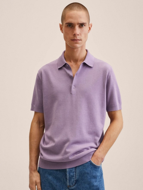 

MANGO MAN Men Lavender Polo Collar T-shirt