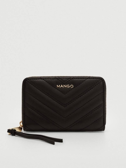 

MANGO Women Black Quilted Zip Around Wallet