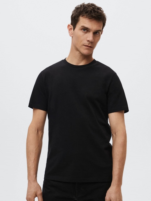 

MANGO MAN Men Black Knitted Pure Cotton T-shirt