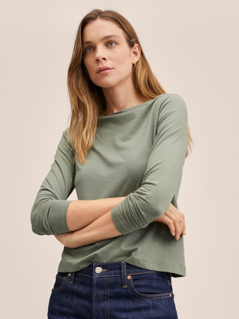 

MANGO Olive Green Solid Pure Cotton Top