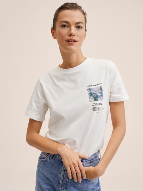 

MANGO Women White Pure Cotton Printed T-shirt