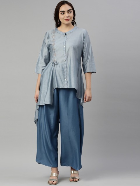 

Neerus Women Blue Floral Aari Work Kurti with Palazzos