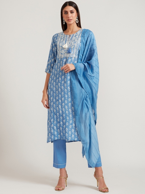 

Neerus Women Blue Paisley Printed Kurta with Trousers & With Dupatta