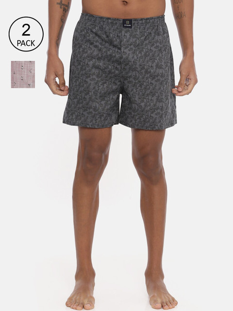 

IMYOUNG Men Pack of 2 Grey & Purple Printed Pure Cotton Boxers