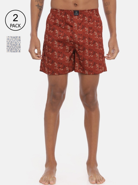 

IMYOUNG Men Pack Of 2 Rust & White Printed Pure Cotton Boxers