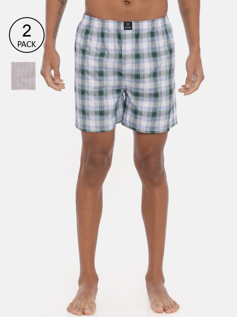 

IMYOUNG Men Pack of 2 White & Green Checked Pure Cotton Boxers