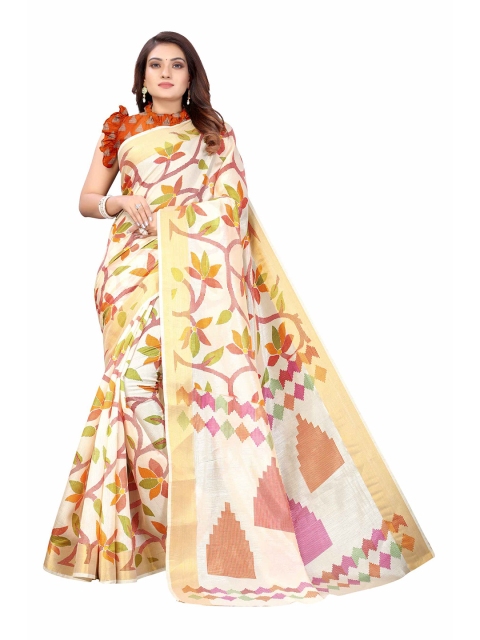 

AADVIKA White & Orange Floral Zari Linen Blend Saree