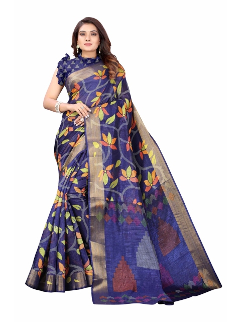 

AADVIKA Blue & Orange Floral Zari Linen Blend Saree