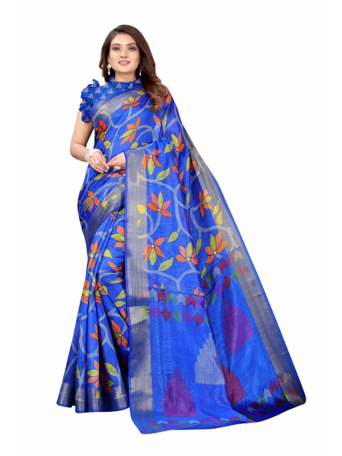 

AADVIKA Blue & Orange Floral Linen Blend Saree