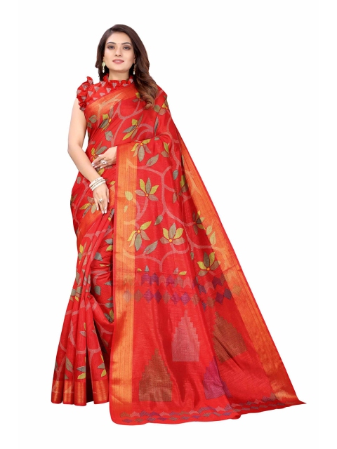 

AADVIKA Red & Green Floral Linen Blend Saree