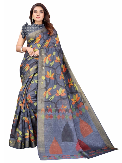 

AADVIKA Grey & Orange Floral Linen Blend Saree