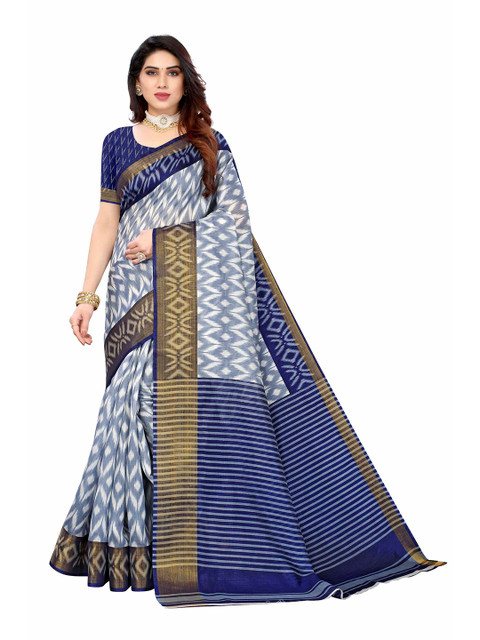

AADVIKA Blue & White Floral Linen Blend Saree