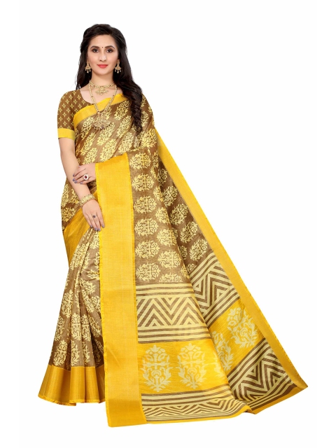 

AADVIKA Brown & Yellow Floral Printed Linen Blend Saree