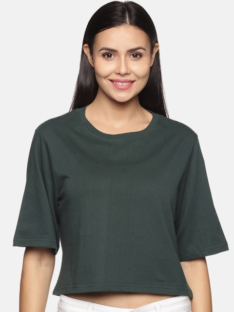 

BEVERLY BLUES Women Olive Green Solid Cotton Crop T-shirt