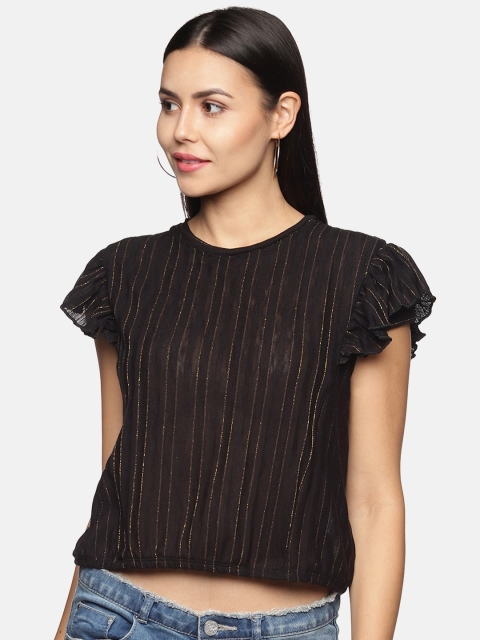 

BEVERLY BLUES Women Black Striped Extended Sleeves T-shirt