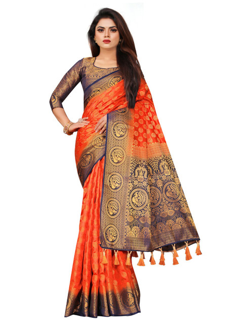 

PERFECT WEAR Orange & Navy Blue Woven Design Zari Silk Cotton Banarasi Saree