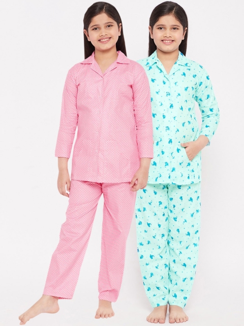 

KYDZI Girls Green & Pink Polka Dots Printed Pure Cotton Night suit Pack Of 2