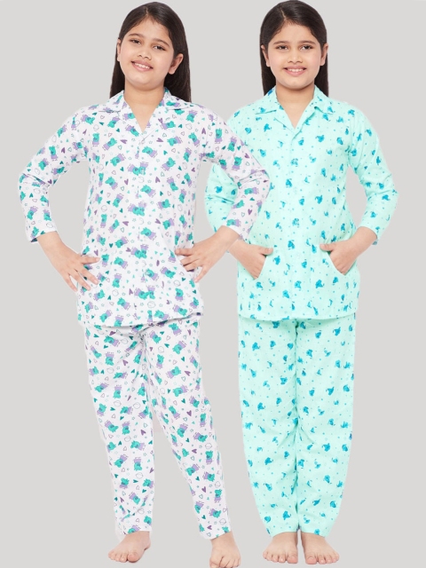 

KYDZI Girls Green & Blue Printed Cotton Night Suit