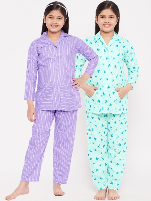 

KYDZI Girls Pack of 2 Green & Purple Printed Cotton Night suit