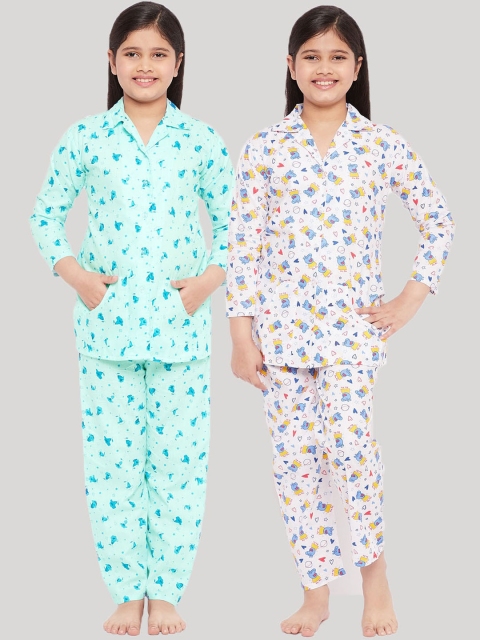 

KYDZI Girls Pack of 2 Turquoise Blue & White Printed Pure Cotton Night suits
