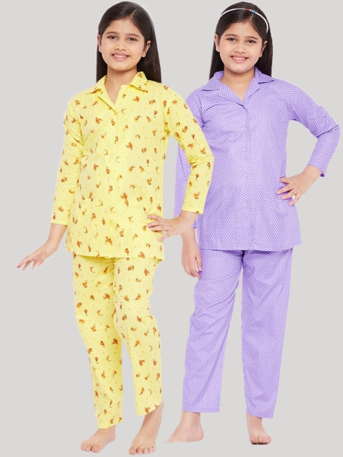 

KYDZI Girls Pack of 2 Yellow & Purple Printed Pure Cotton Night suits