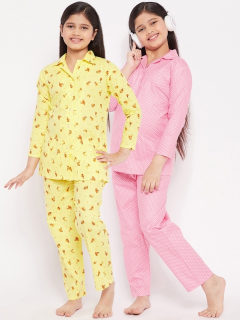 

KYDZI Girls Pack of 2 Yellow & Pink Printed Pure Cotton Night Suits