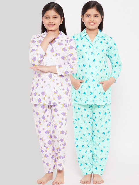 

KYDZI Girls Pack of 2 Blue & Purple Printed Cotton Night suit