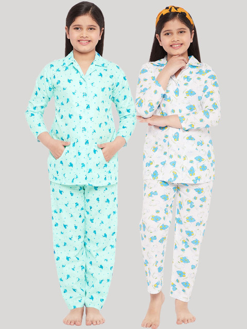 

KYDZI Girls Pack Of 2 Blue & White Printed Night suit
