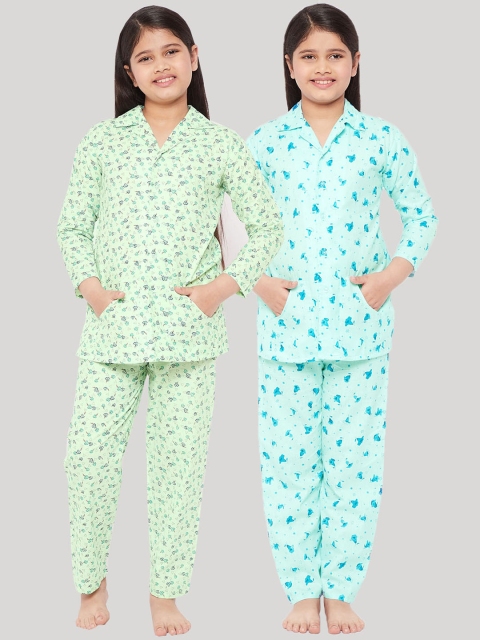 

KYDZI Girls Blue & Sea Green Floral Printed Pure Cotton Night suit Pack Of 2
