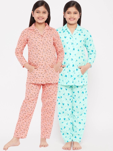 

KYDZI Girls Pack of 2 Turquoise Blue & Peach-Coloured Printed Pure Cotton Night Suits
