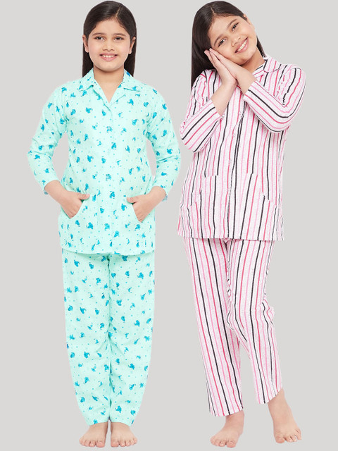 

KYDZI Girls Pack of 2 Blue & Pink Printed Night suit
