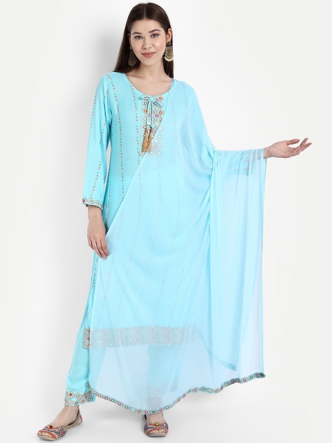 

Ziva Fashion Women Blue Embroidered Mirror Work Kurta with Trousers & With Dupatta