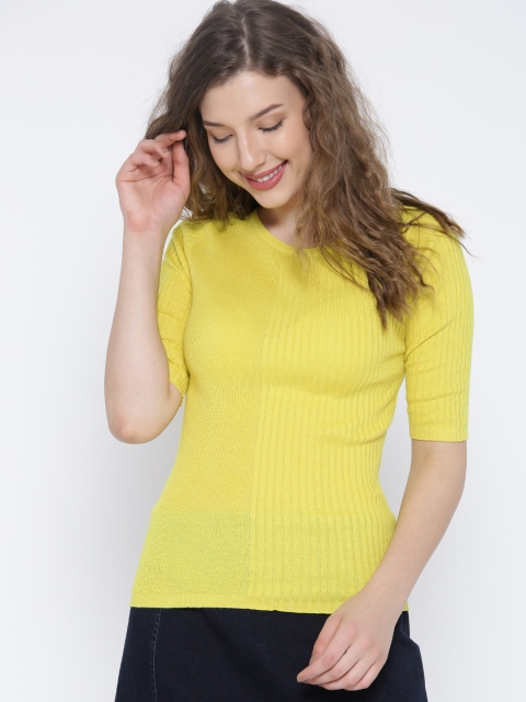 

United Colors of Benetton Women Yellow Self-Striped Fitted Top