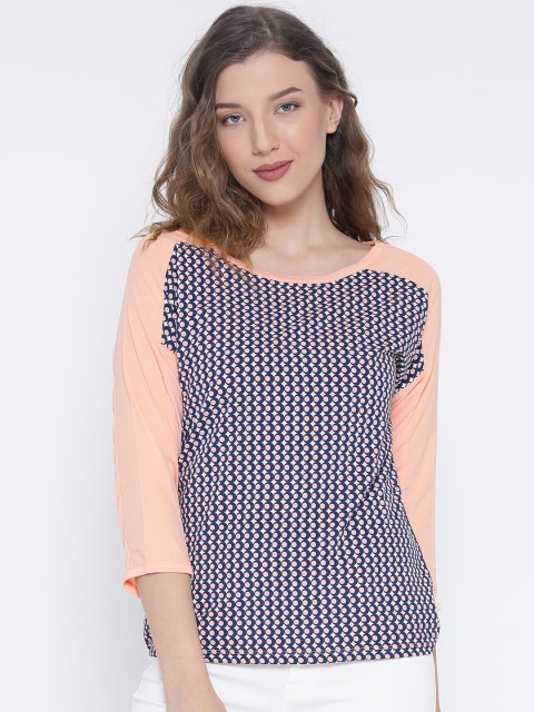 

United Colors of Benetton Women Navy & Peach-Coloured Printed Top, Navy blue