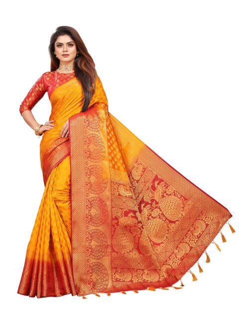 

PERFECT WEAR Yellow & Red Woven Design Zari Silk Cotton Banarasi Saree