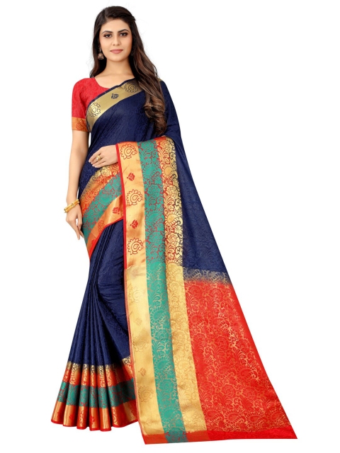

PERFECT WEAR Blue & Red Woven Design Zari Silk Cotton Banarasi Saree