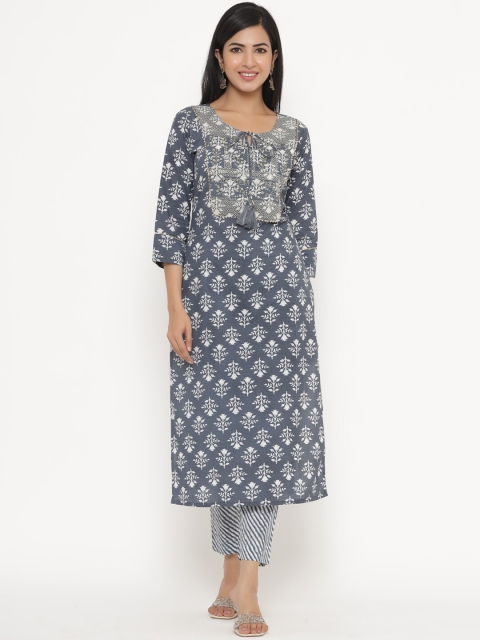 

JAVTA Women Grey Ethnic Motifs Printed Pure Cotton Kurta with Trousers & Dupatta