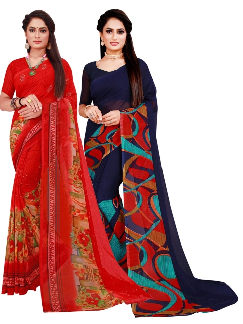 

KALINI Navy Blue & Red Floral Printed Pure Georgette Saree Pack Of 2